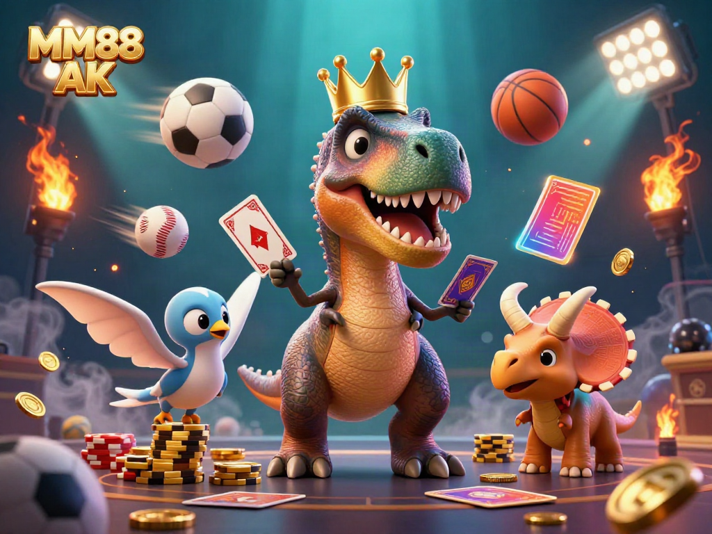 Experience thrilling gaming adventures with MM88 AK, featuring playful dinosaurs in a vibrant casino scene.