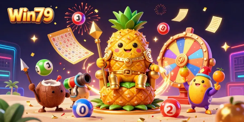 Win79 casino illustration showcasing a cartoon pineapple king, lottery balls, and festive elements.