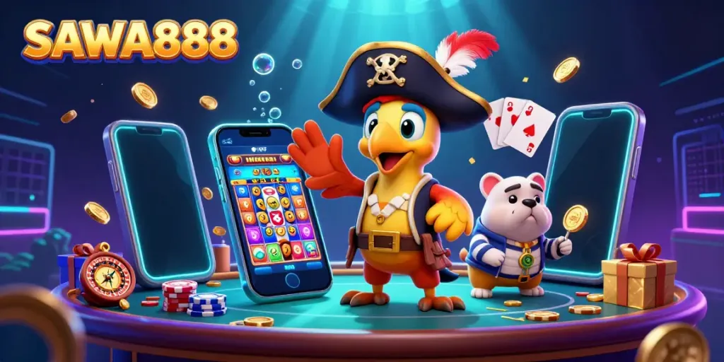 Engage in thrilling gameplay with SAWA888, featuring a vibrant casino scene with animated characters and classic games.