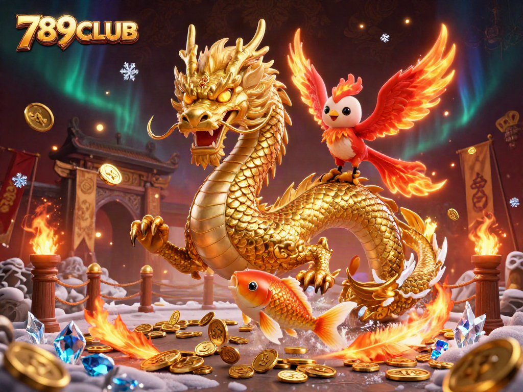 Experience thrilling gameplay at 789CLUB with vibrant casino art featuring a dragon, phoenix, and koi fish.