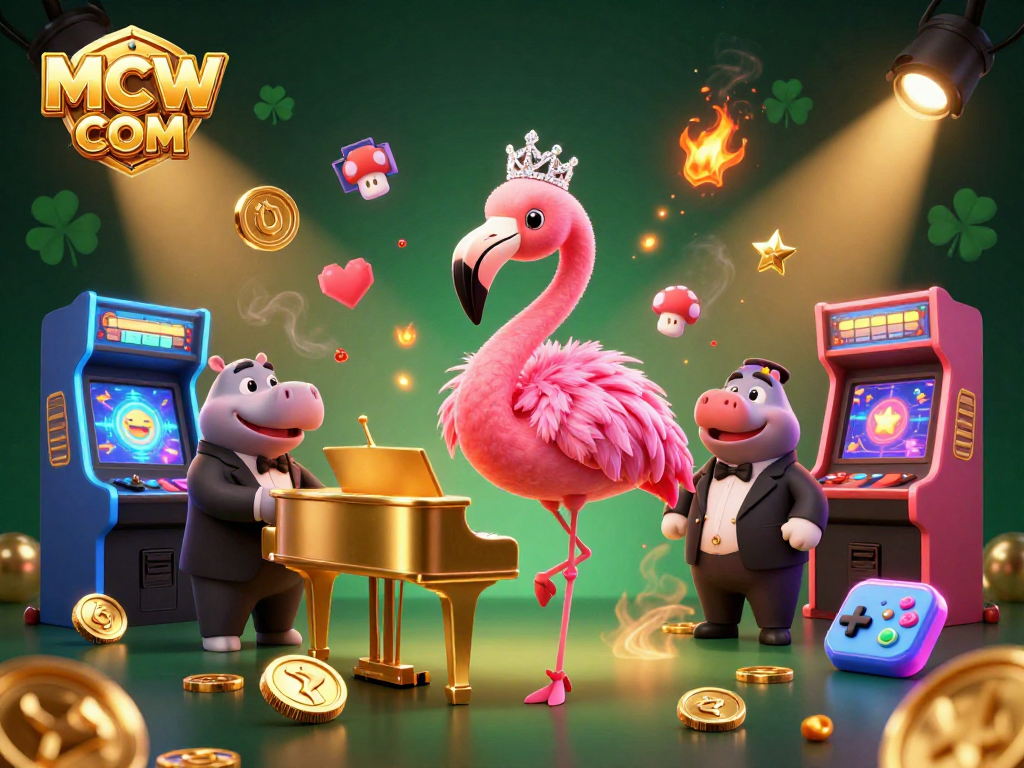 Experience the vibrant atmosphere of MCW COM casino with a flamingo singer and hippo bassist.