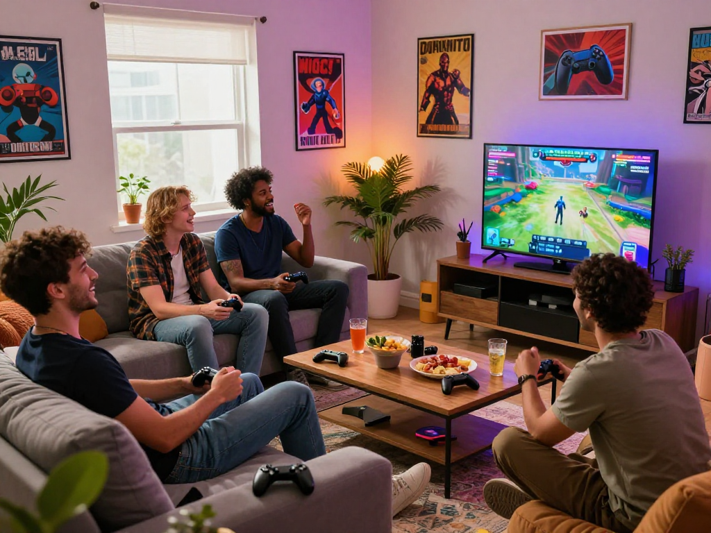 Engaged friends enjoying a gay sex game night in a vibrant living room with playful decor and snacks.