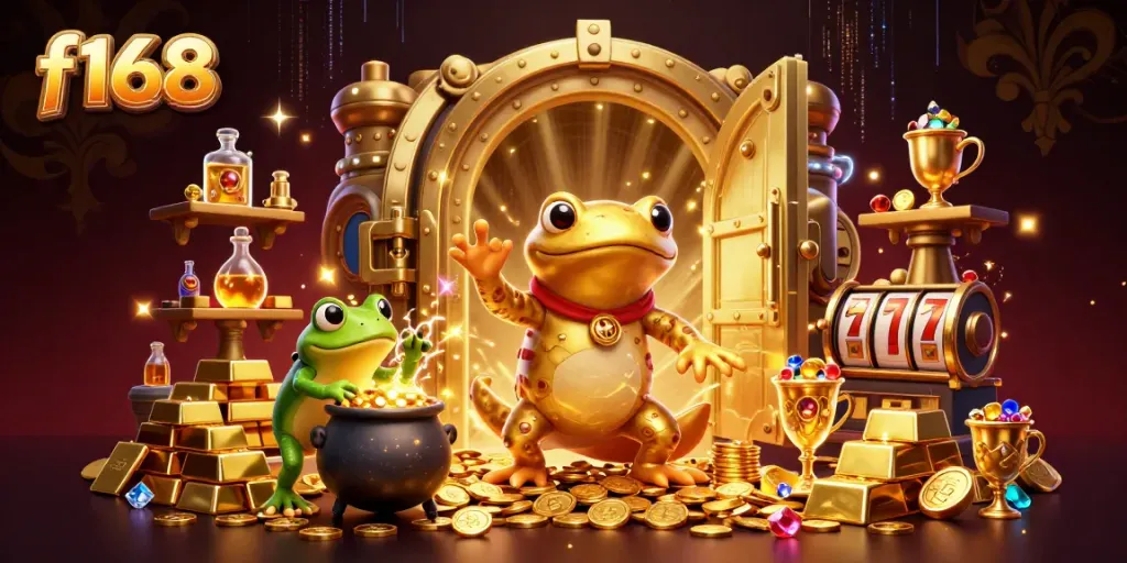 Experience the enchanting world of f168 where gold coins and treasures await in a vibrant casino setting.
