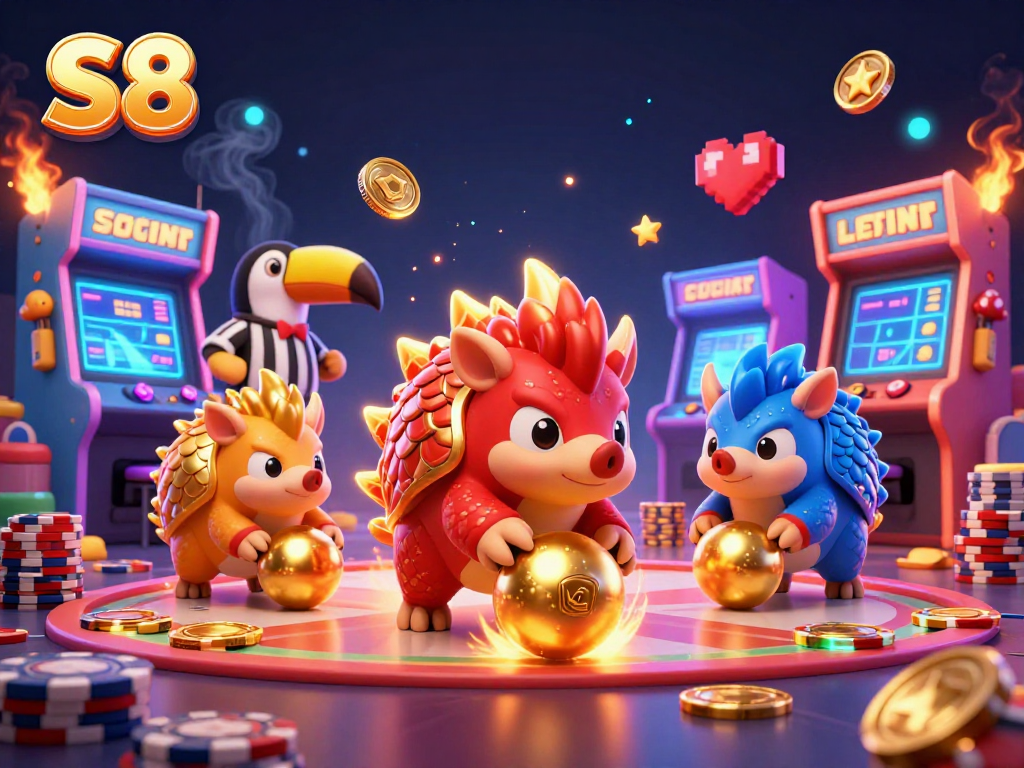 S8 pangolins competing in a vibrant casino scene, rolling golden balls through poker chips with thrilling energy.