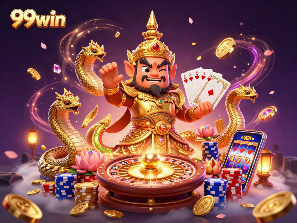 Experience the exciting ambiance of 99win with vibrant casino elements and characters.