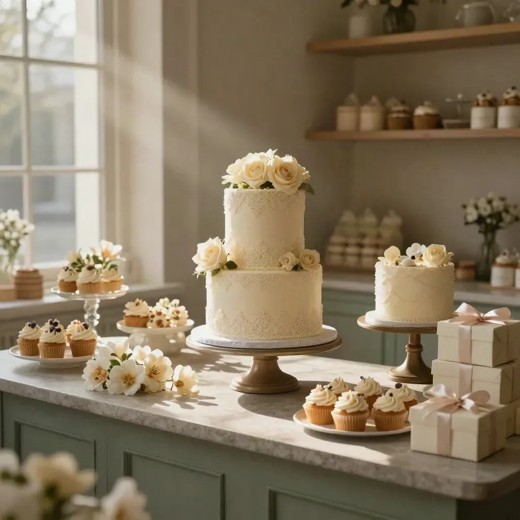 Torta nuziale e cupcake in atelier elegante, luce mattutina e atmosfera raffinata.
