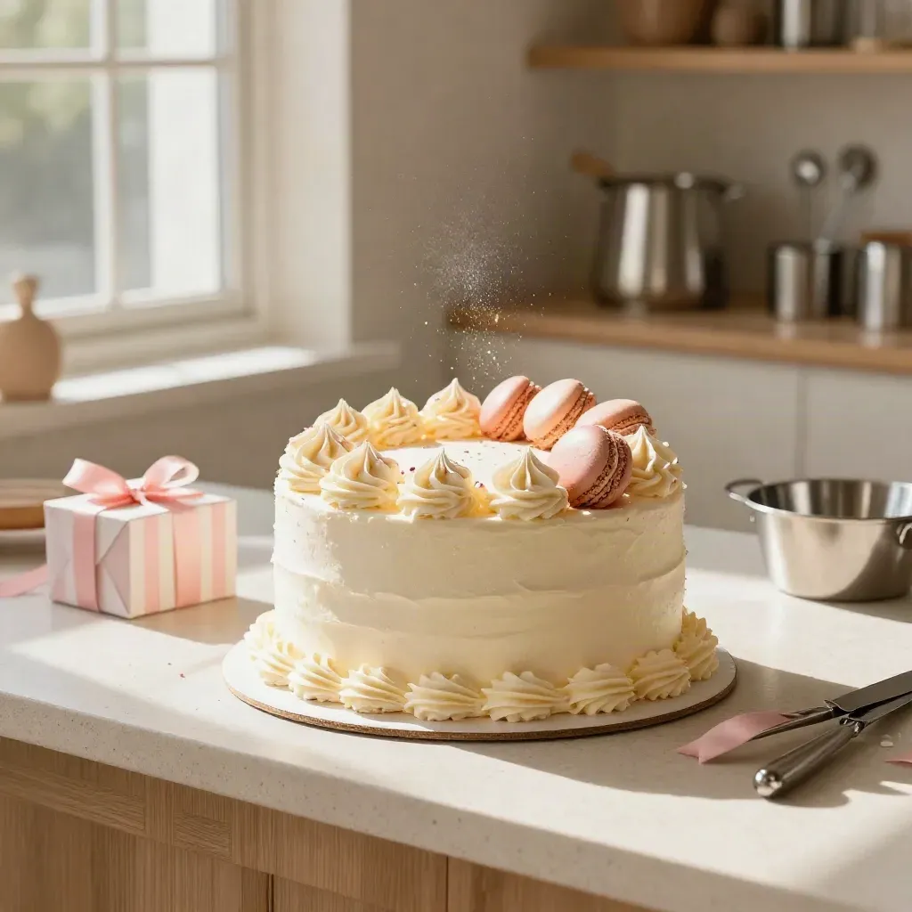 Torta compleanno personalizzata con macarons e pacchetto rigato in una pasticceria luminosa