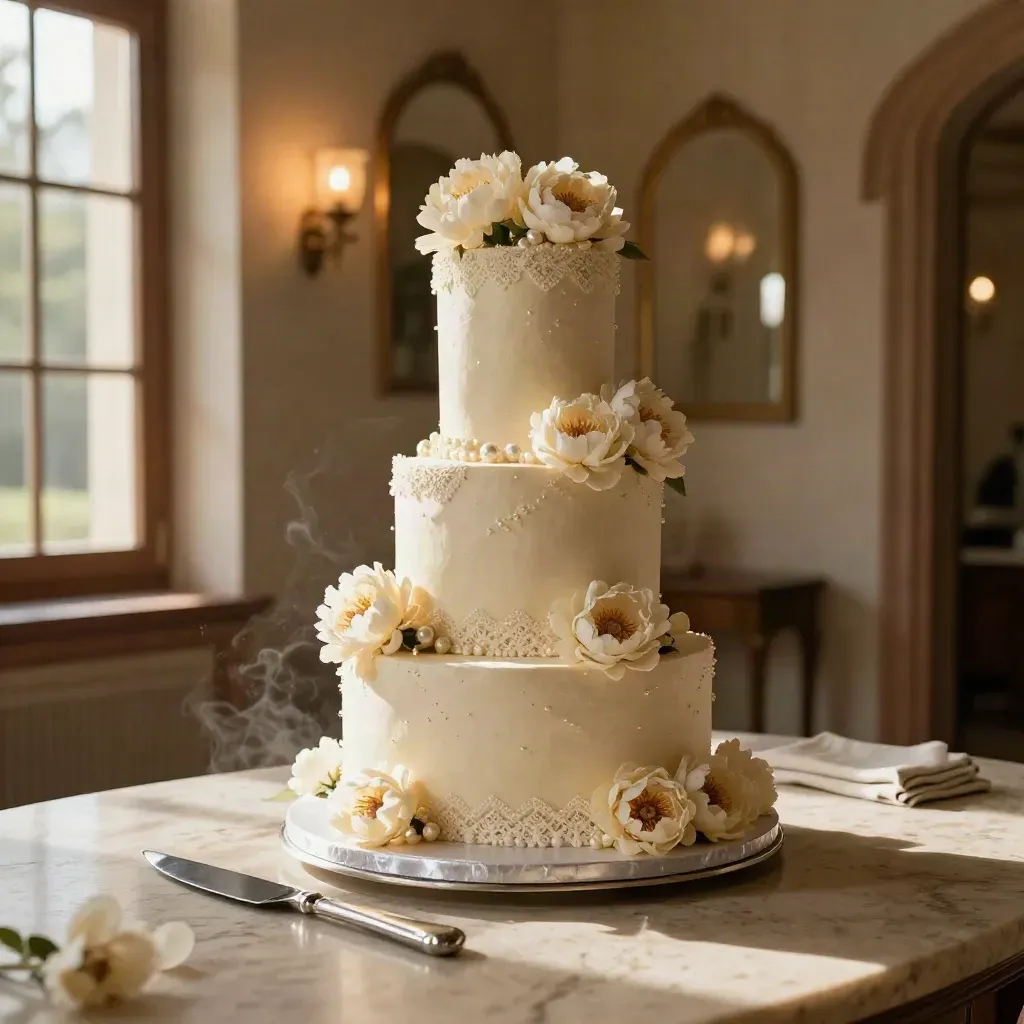 Torta nuziale a piani con fiori di zucchero in un foyer di villa, vista bassa e cerimoniale.