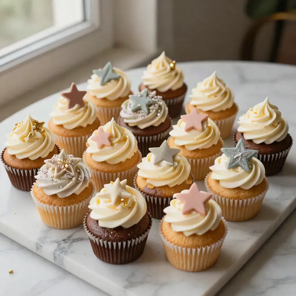 Dodici cupcake a tema su marmo, con decori dorati e zucchero sospeso nell’aria.