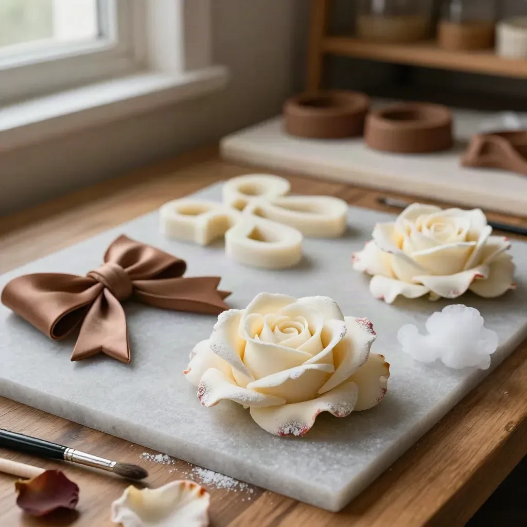 Rose di zucchero, fiocchi e numeri in asciugatura su un banco da pasticceria.