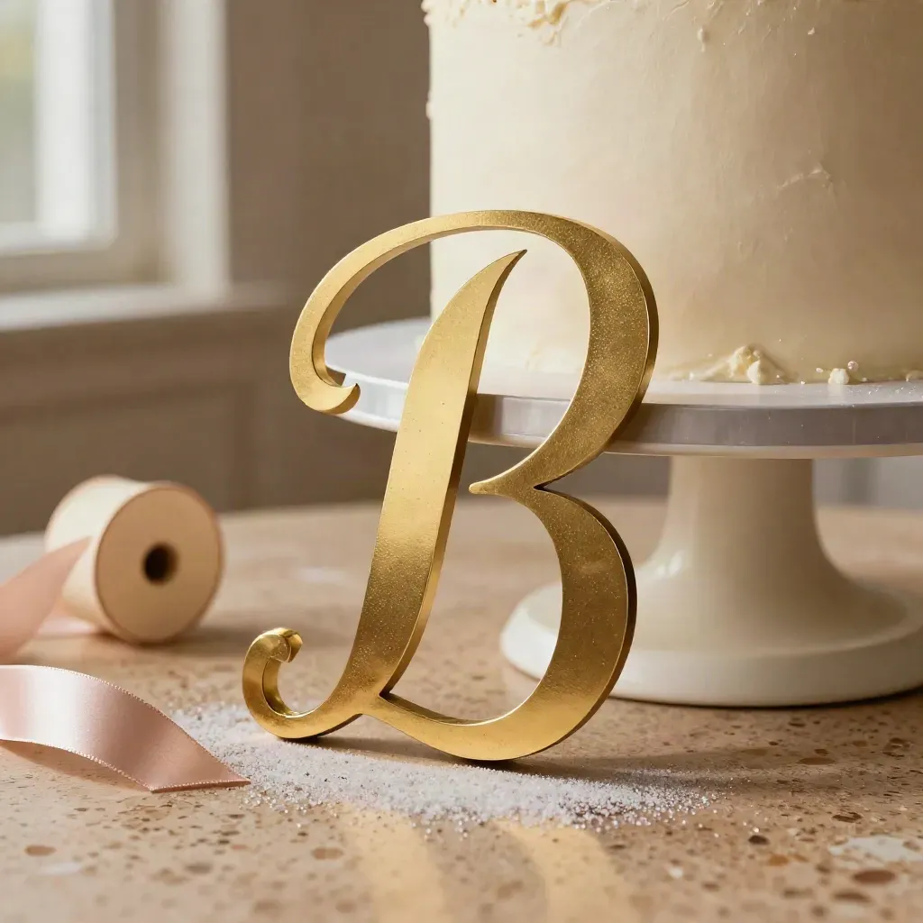 Topper torta oro su supporto avorio con nastro satinato in una pasticceria in penombra.