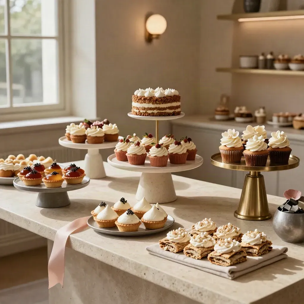 Tavolo dolci allestito con torte, cupcake e pasticcini in un salone elegante.