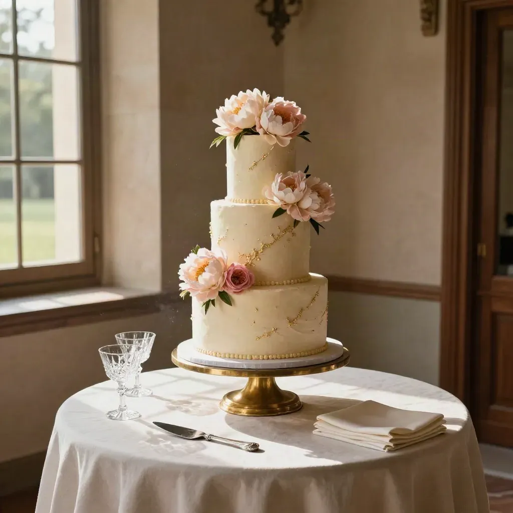 Torta nuziale avorio con fiori di zucchero rosa in una villa luminosa