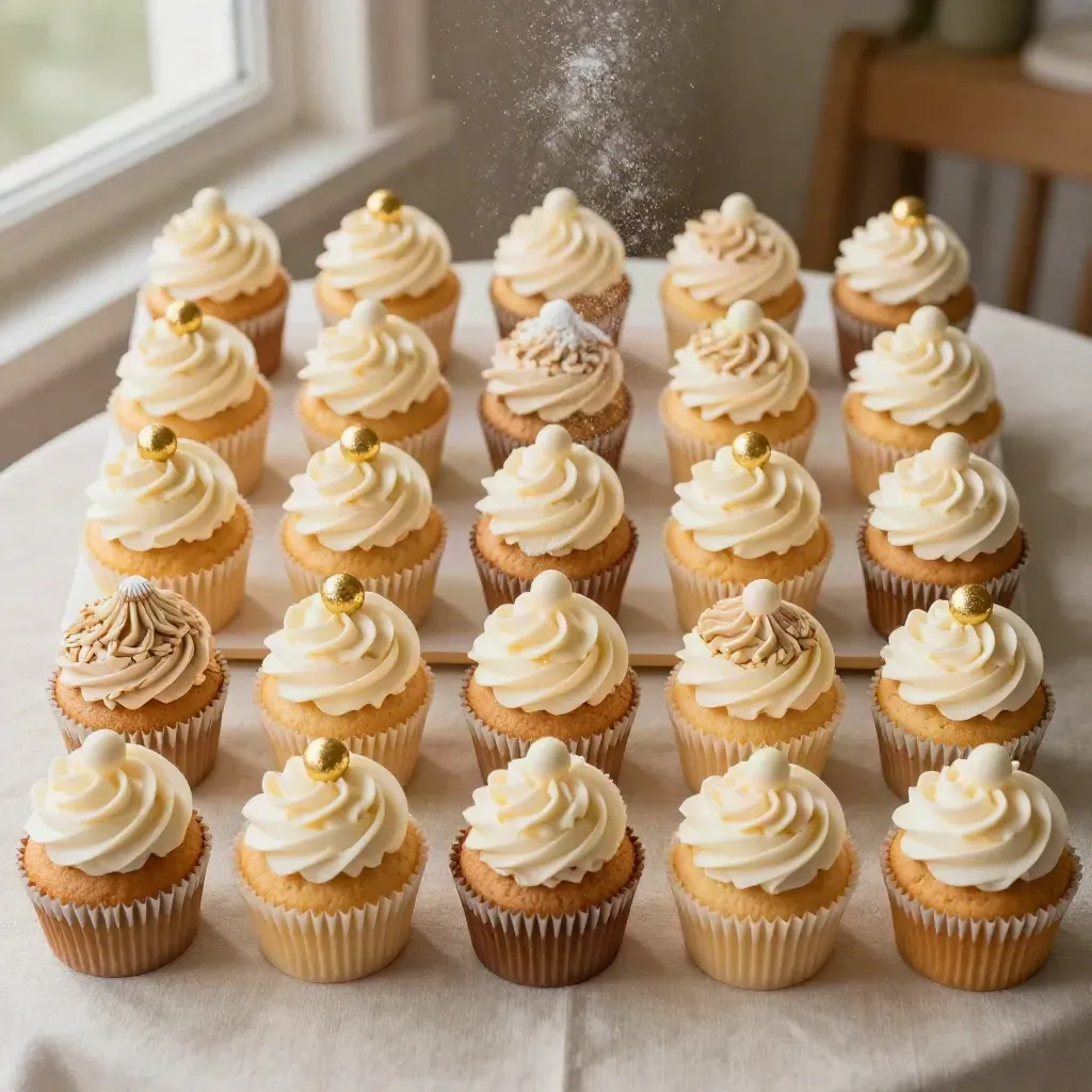 Tavolo baby shower con 36 cupcake pastello e piccoli topper dorati, ripresa dall’alto.