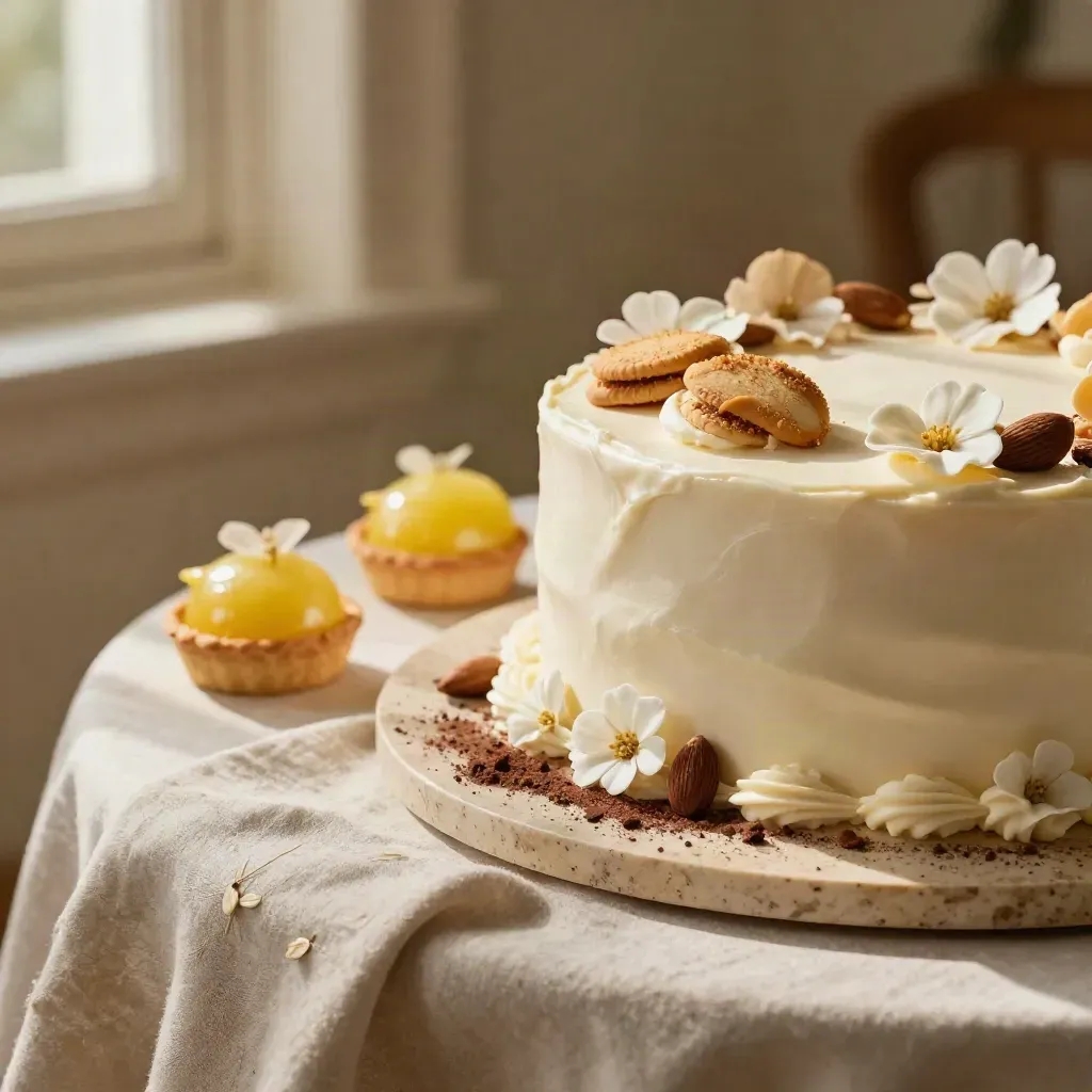 Tavolo dolce per battesimo con torta bianca, biscotti alle mandorle e tartellette al limone