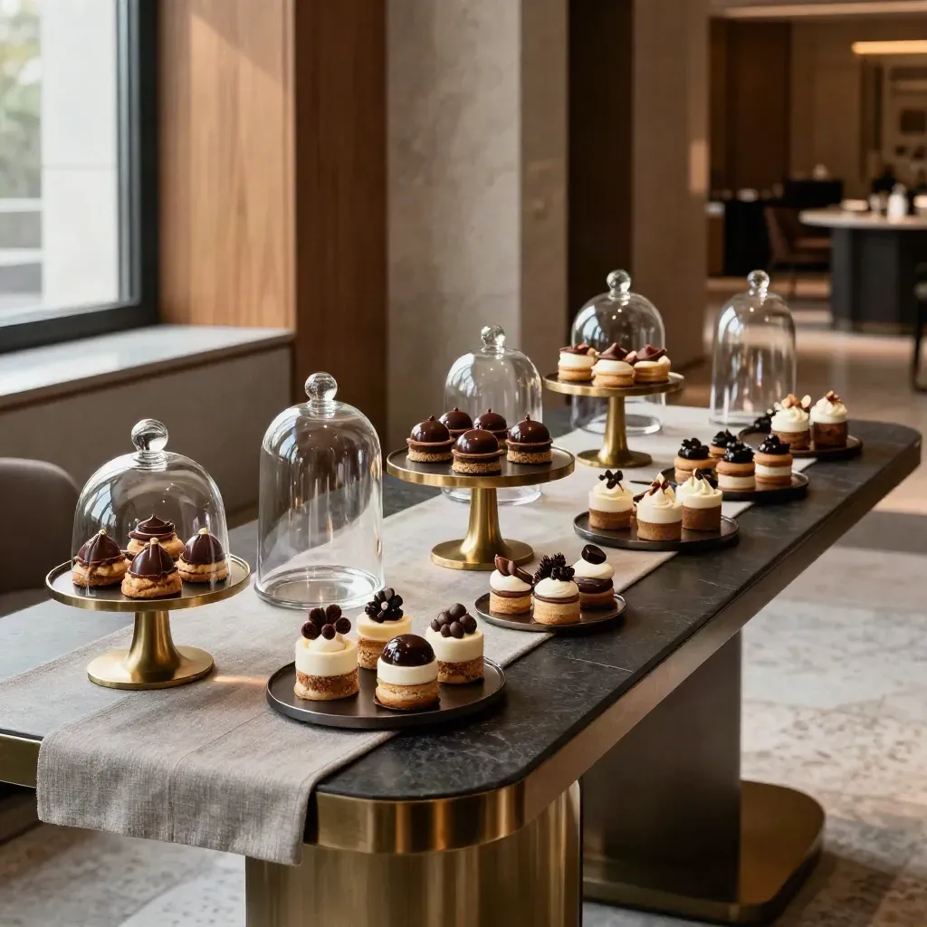 Allestimento hotel con mini dessert table, monoporzioni, cupole di cioccolato e supporti in ottone.