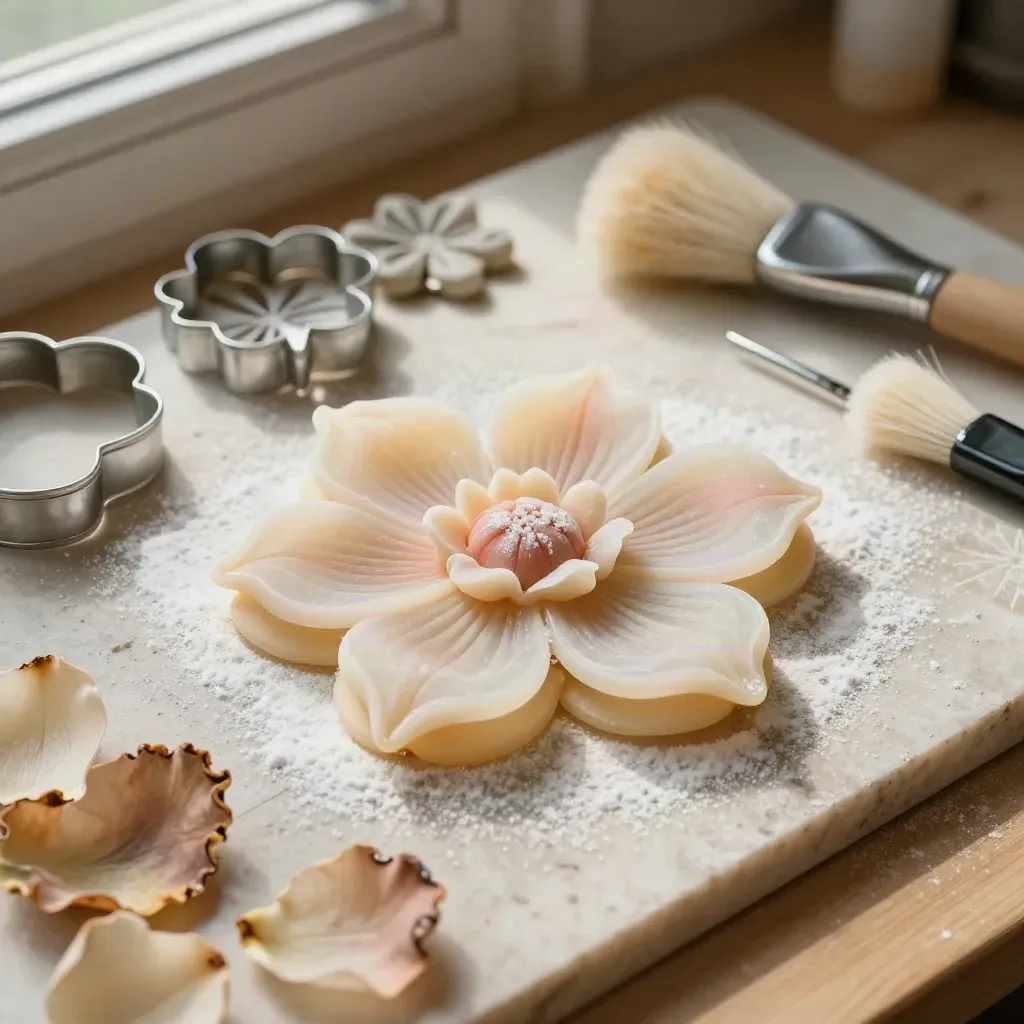 Macro di fiori in pasta di zucchero con utensili da decorazione su travertino.