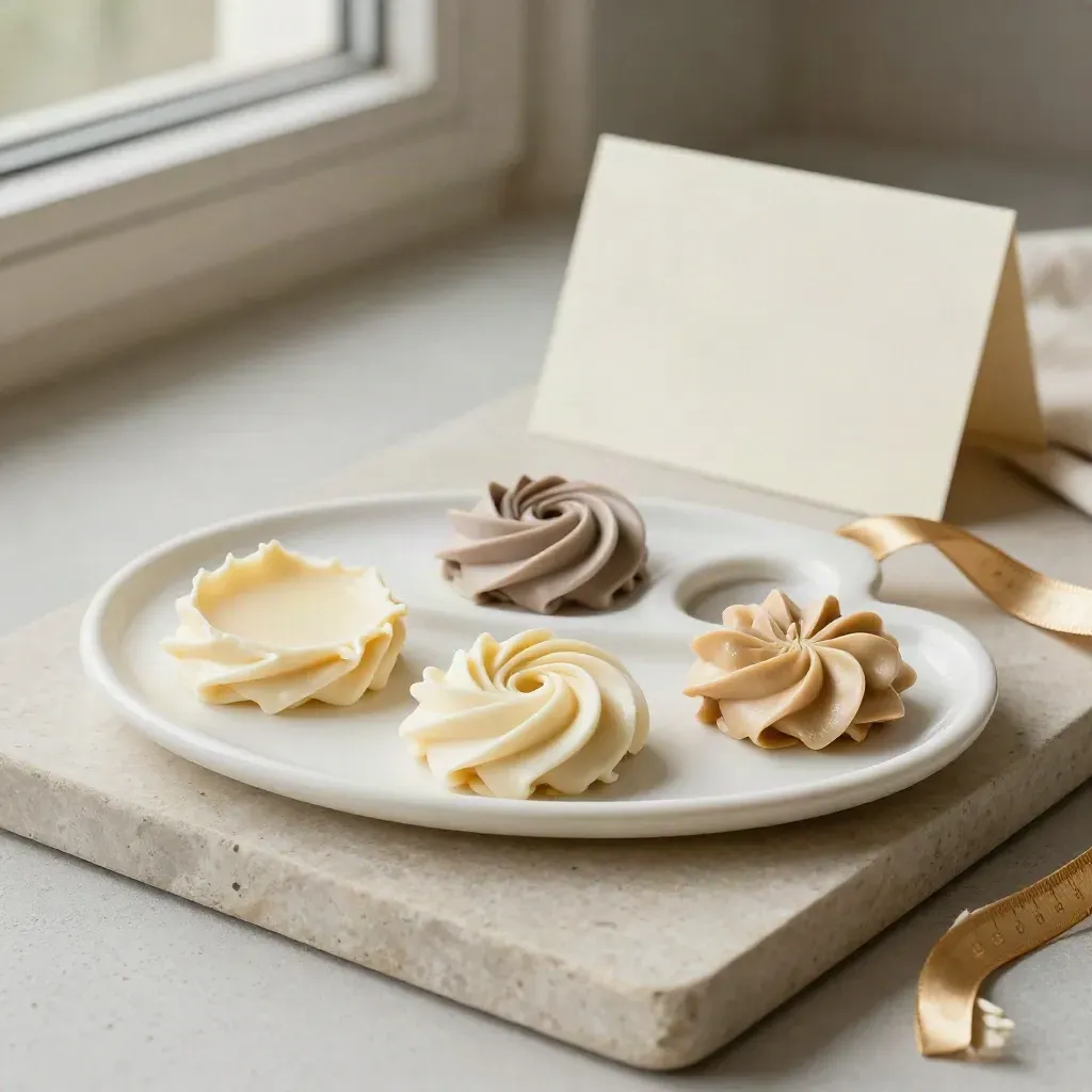 Palette in ceramica con swatch di crema, fiore di zucchero e nastro dorato su vassoio in pietra.