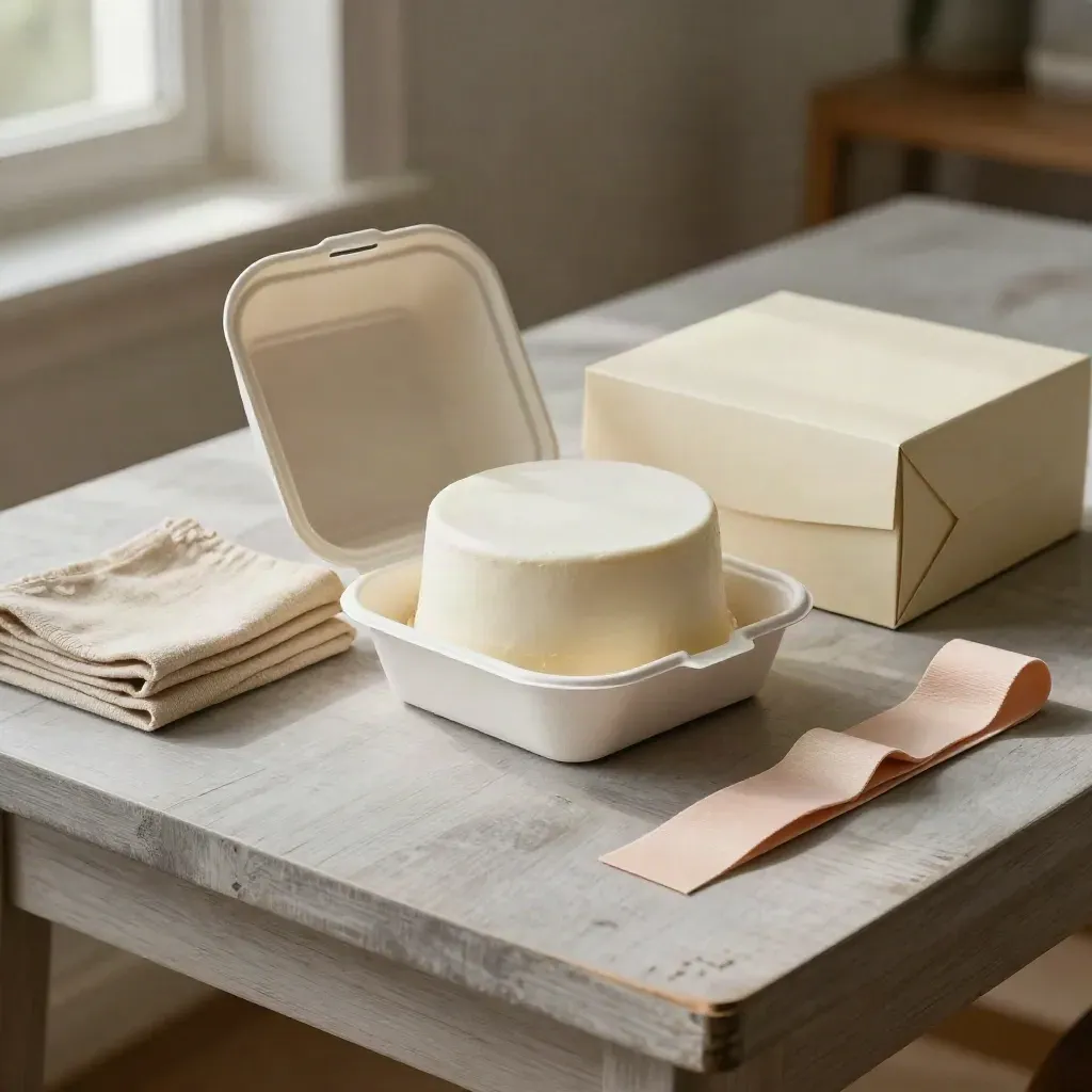 Kit di consegna torta con box, alzata, lino piegato e cinghie su tavolo in legno chiaro.