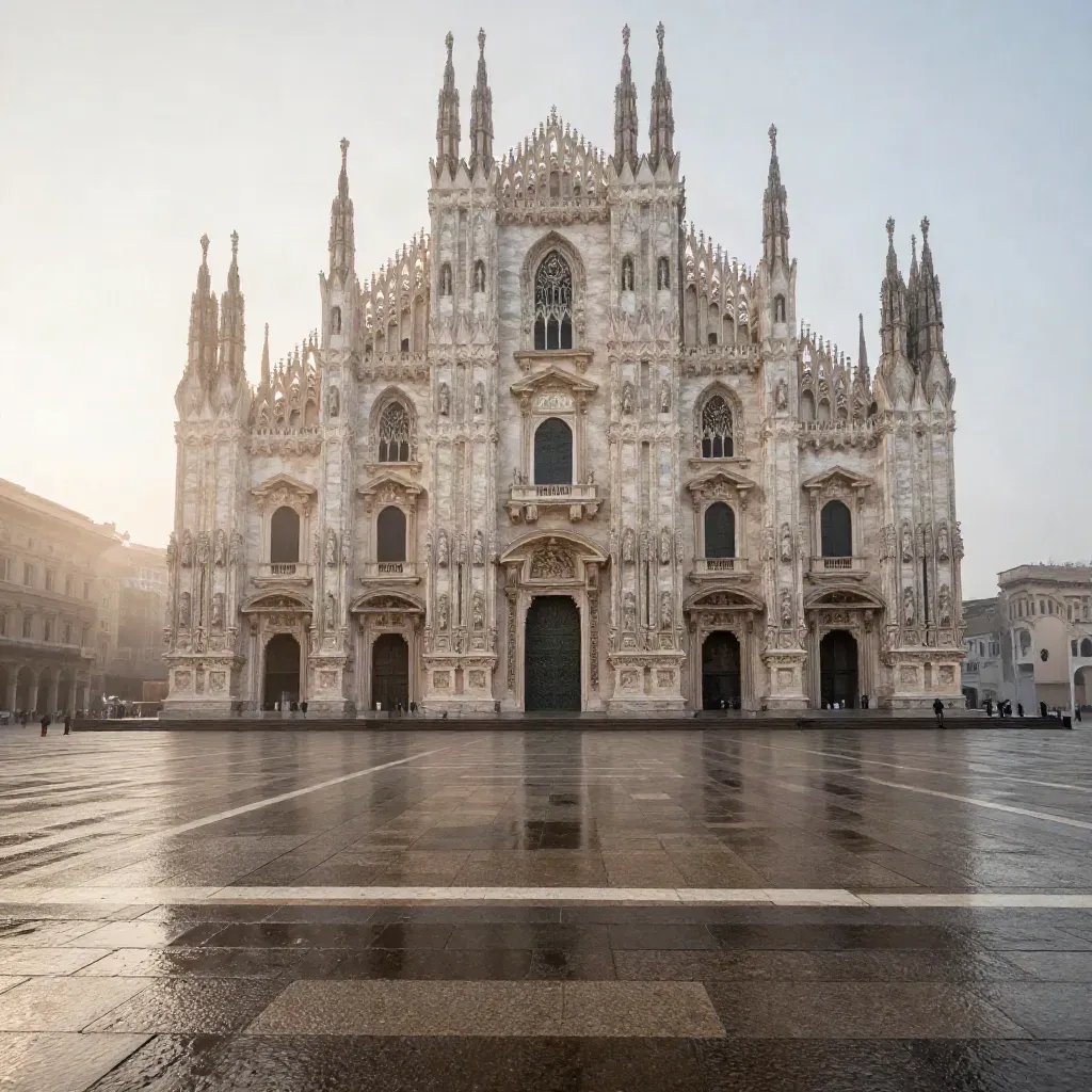 Duomo di Milano all’alba con piazza bagnata avvolta nella nebbia