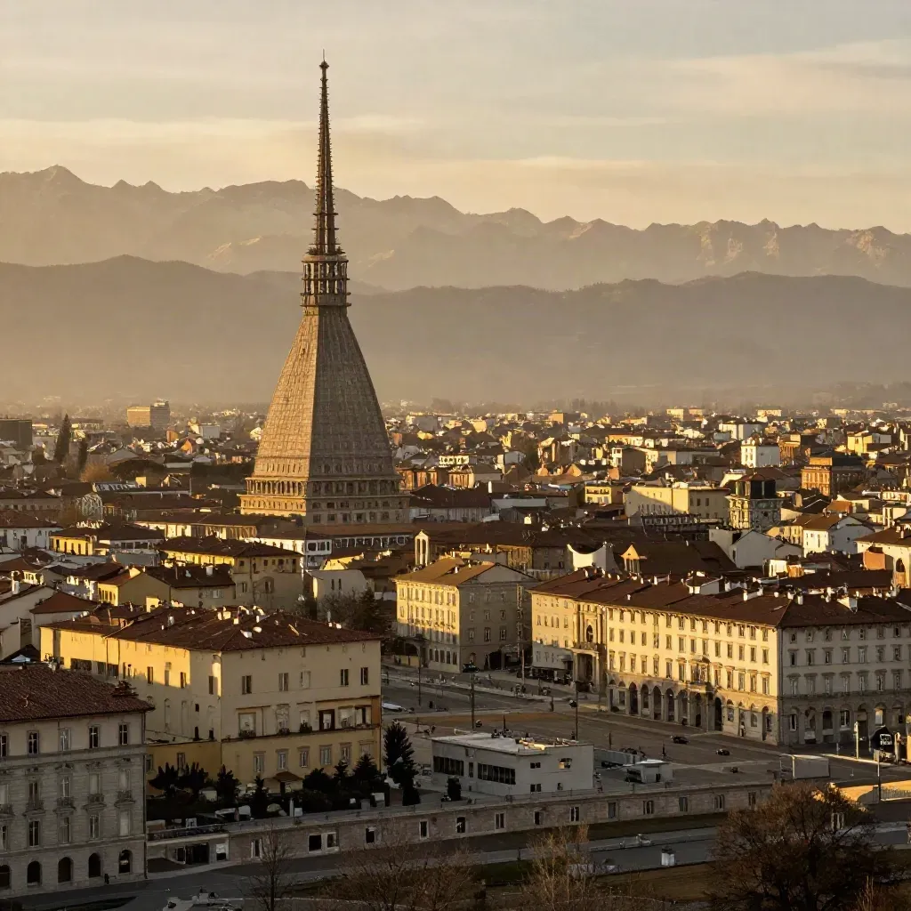 Torino al tramonto con la Mole Antonelliana e le Alpi immerse in foschia dorata.