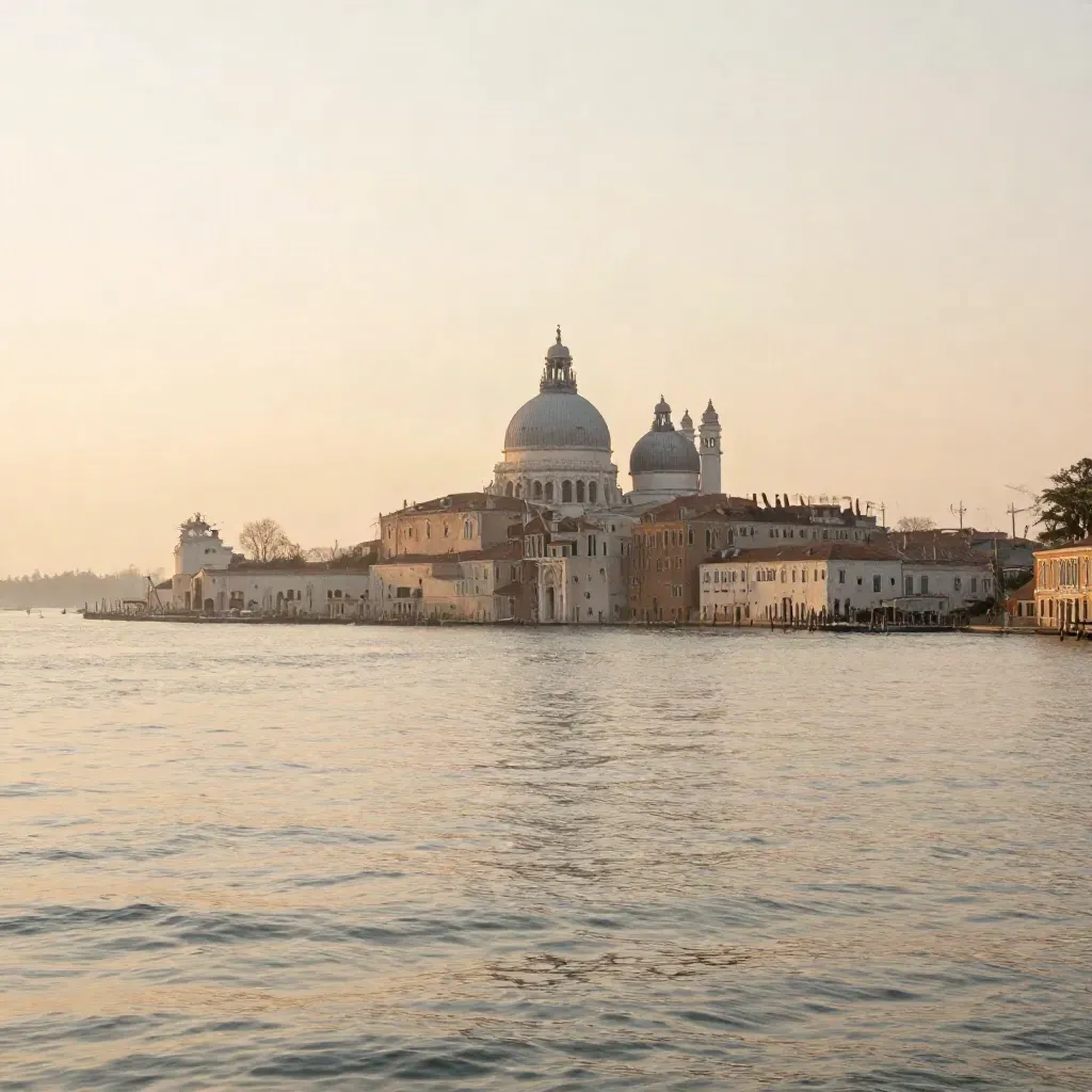 Laguna di Venezia all’ora d’oro, con cupole e campanili alti tra luce rosa e foschia.