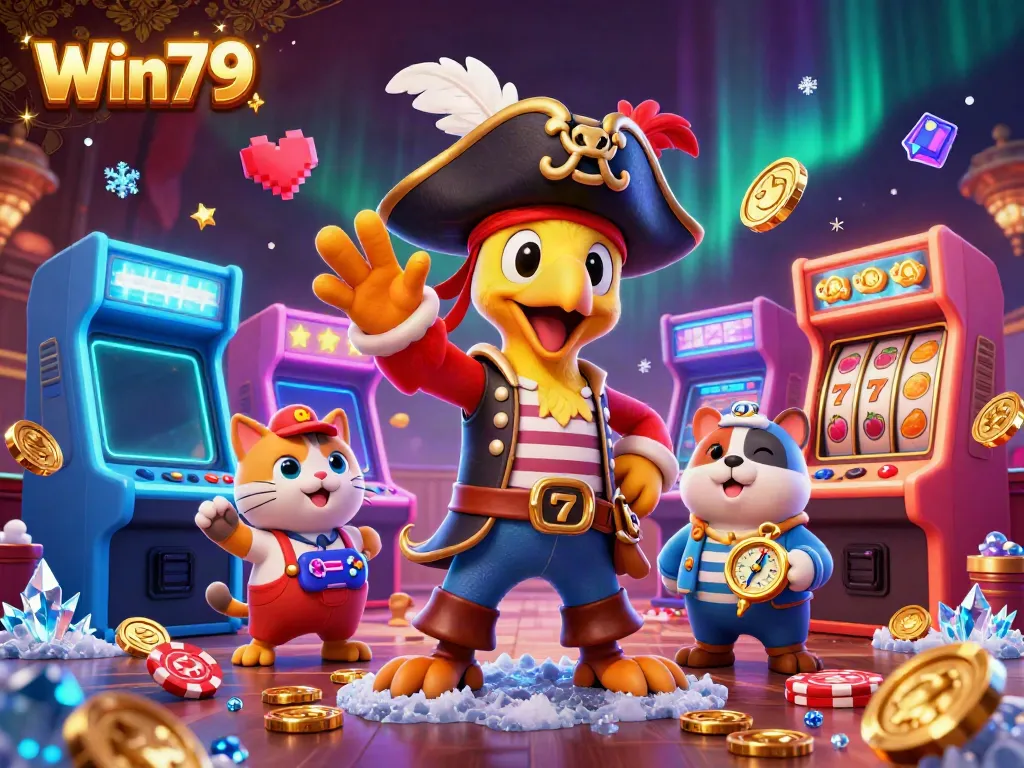 Win79 casino game illustration showcasing a pirate parrot, bulldog, and cat navigating a vibrant arcade.