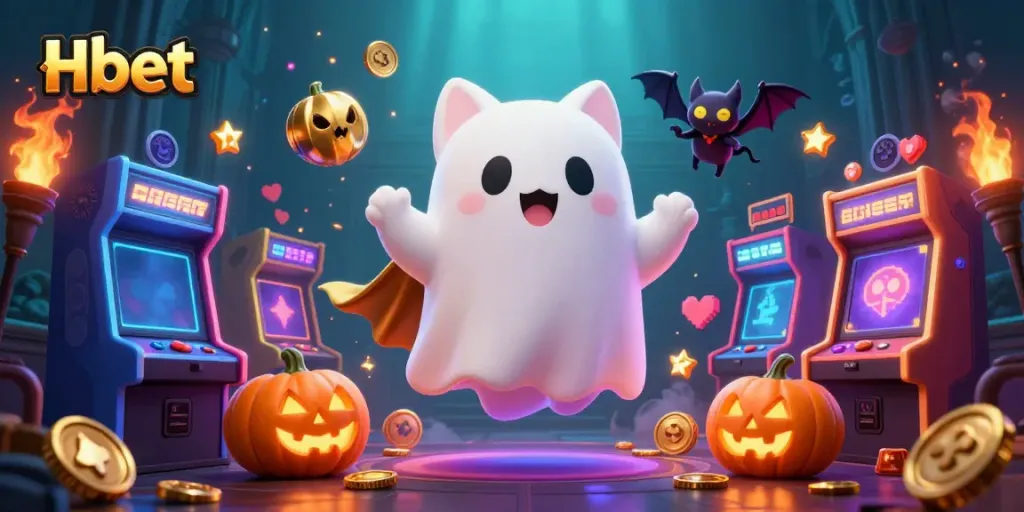 Hbet ghost cat exploring a haunted casino mansion with vibrant gaming elements.