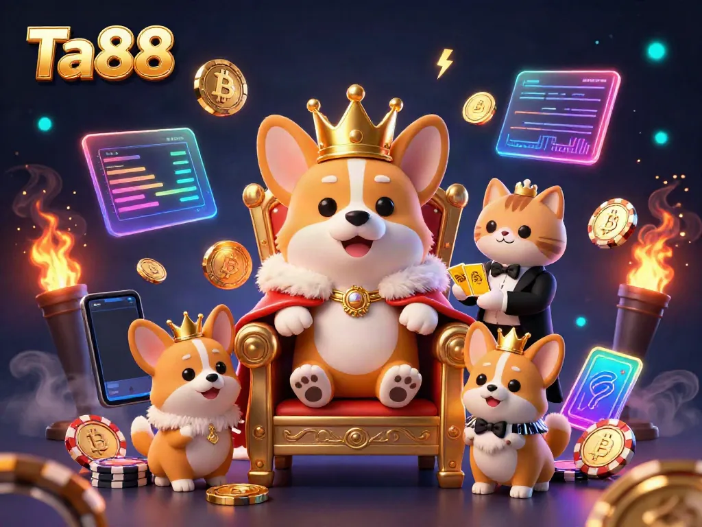 Engage with Ta88's vibrant casino scene showcasing a royal corgi on a throne, set amidst crypto coins and bright gaming elements.