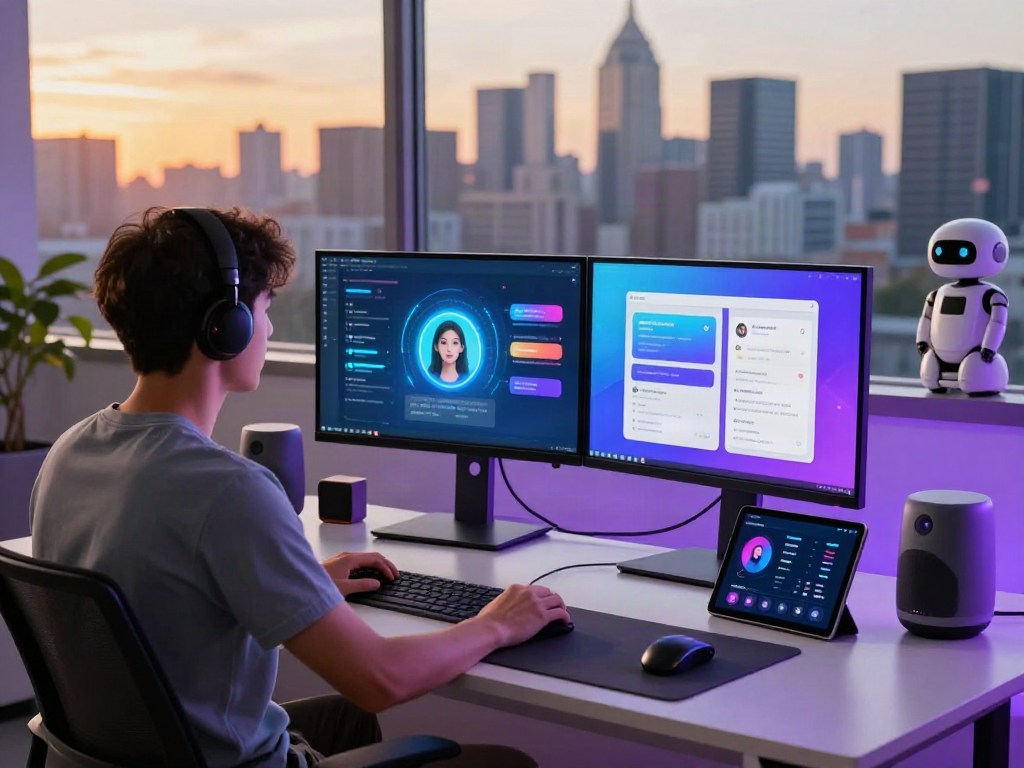AI NSFW chat development scene with dynamic interface, tech gadgets, and urban skyline.
