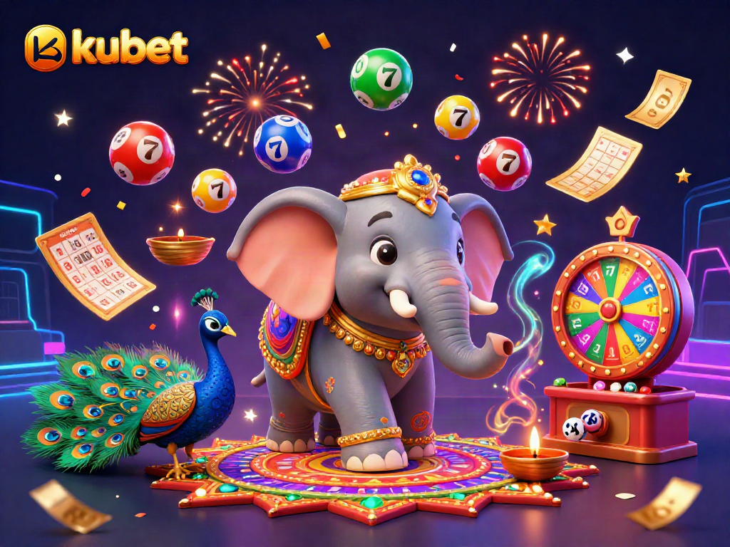 Experience the excitement of kubet with vibrant lottery balls and a festive elephant in a dynamic casino illustration.