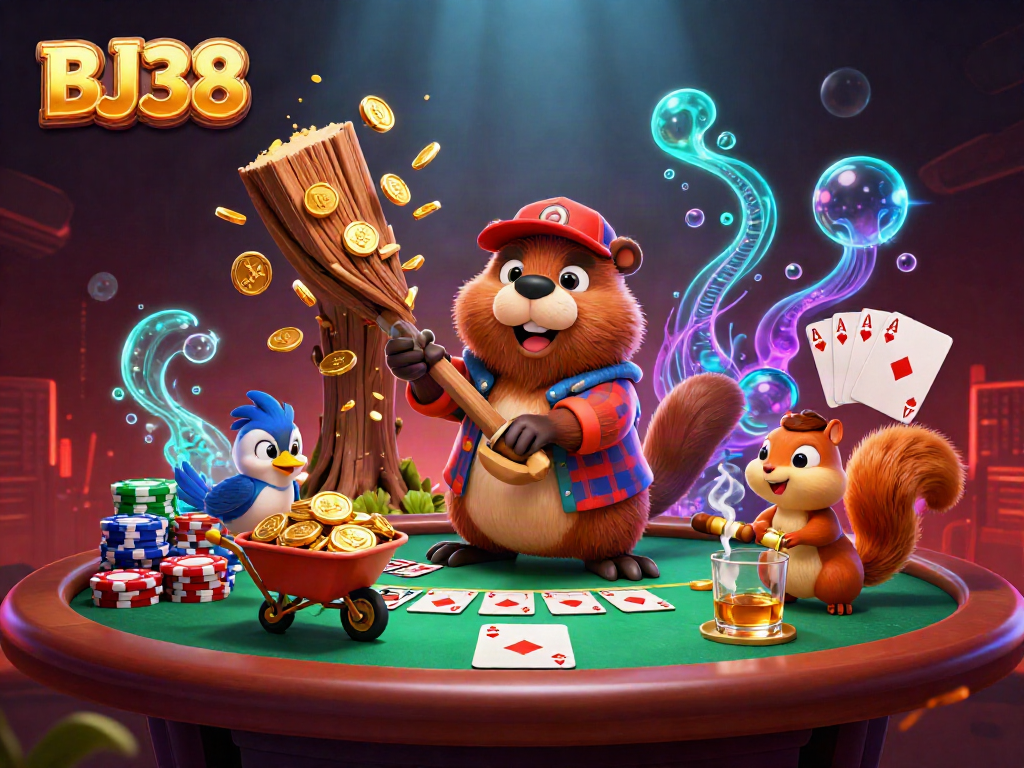 Engage with BJ38's thrilling gaming experience featuring a beaver, bird, and squirrel in action.