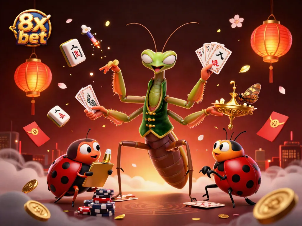 Experience the excitement of 8x bet with a vibrant casino scene featuring a giant mantis and ladybug.
