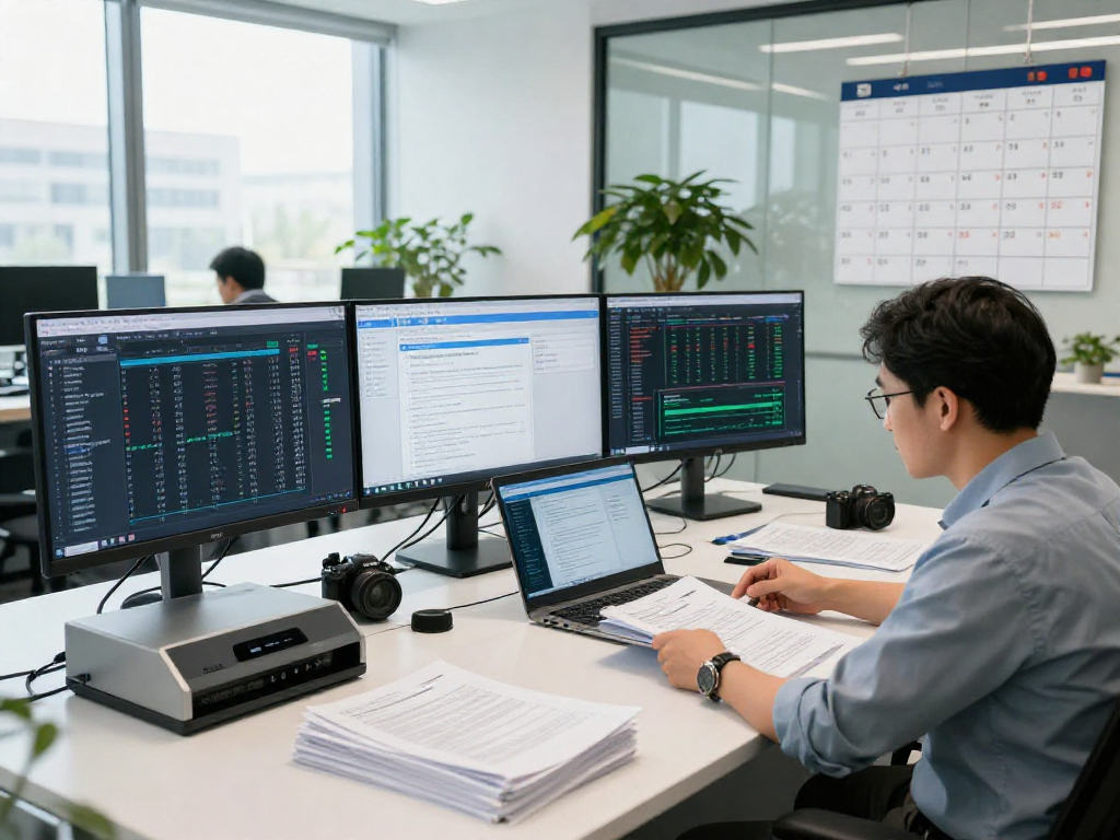Efficient document fraud detection analysis in a modern office with professionals reviewing data.