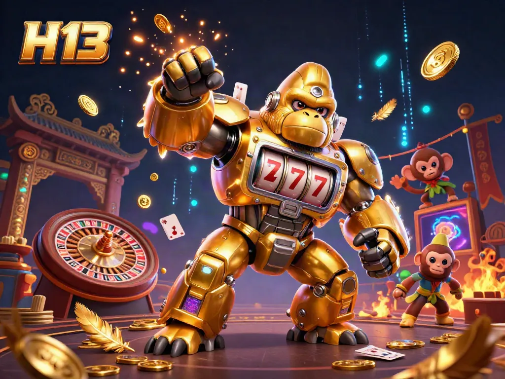 Spin to win with H 13's golden gorilla mech in a dynamic live casino scene, vibrant and colorful.
