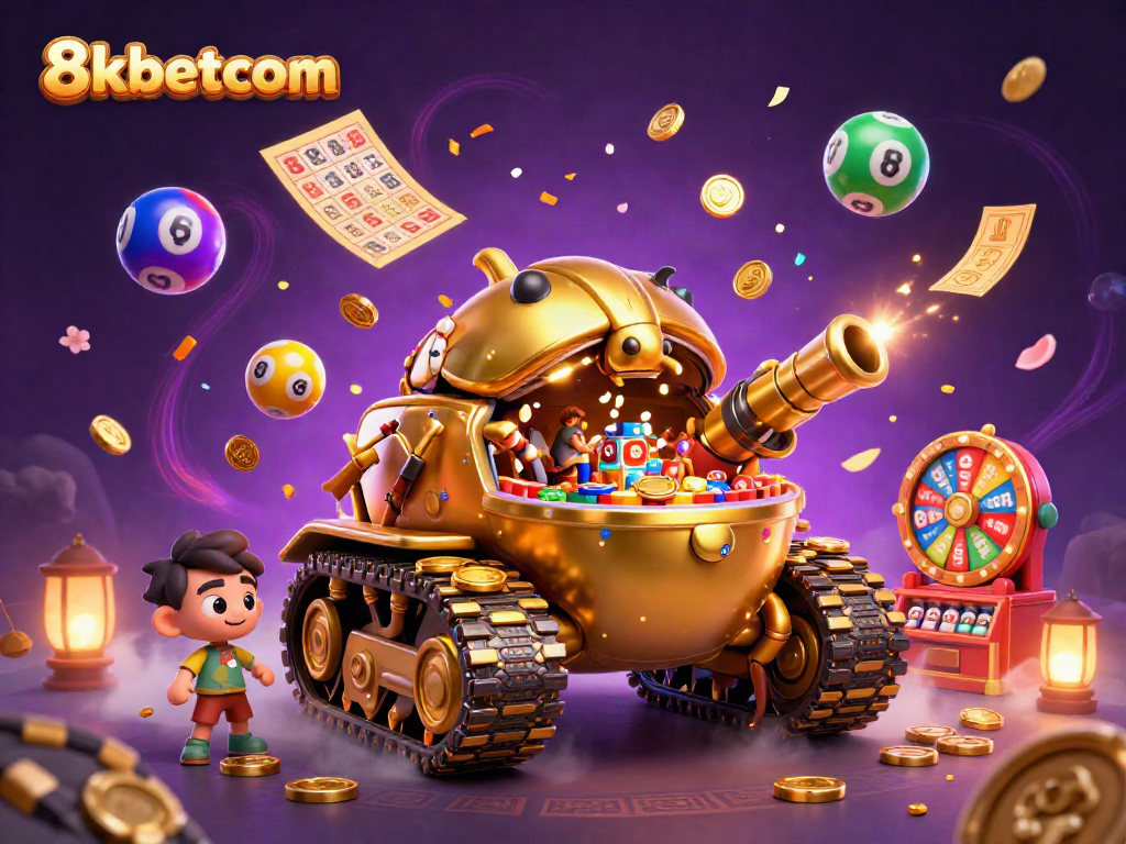 Experience thrilling gameplay at 8kbetcom with a vibrant casino scene featuring exciting lottery elements.