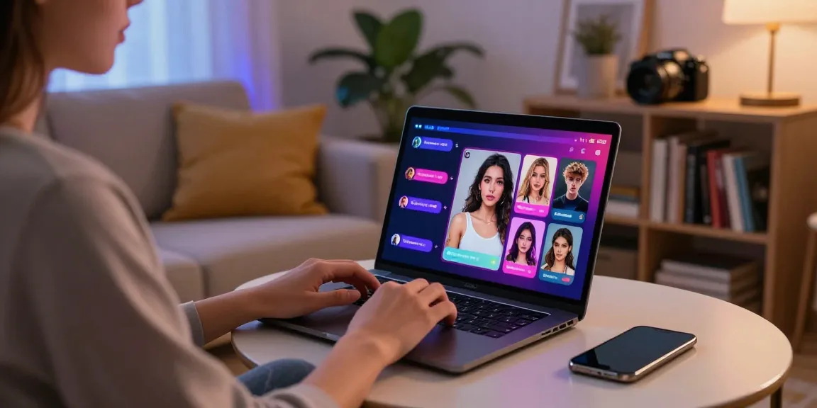 Person engaging in ai sex chat on a laptop in a cozy living room, showcasing modern technology and playful mood lighting.