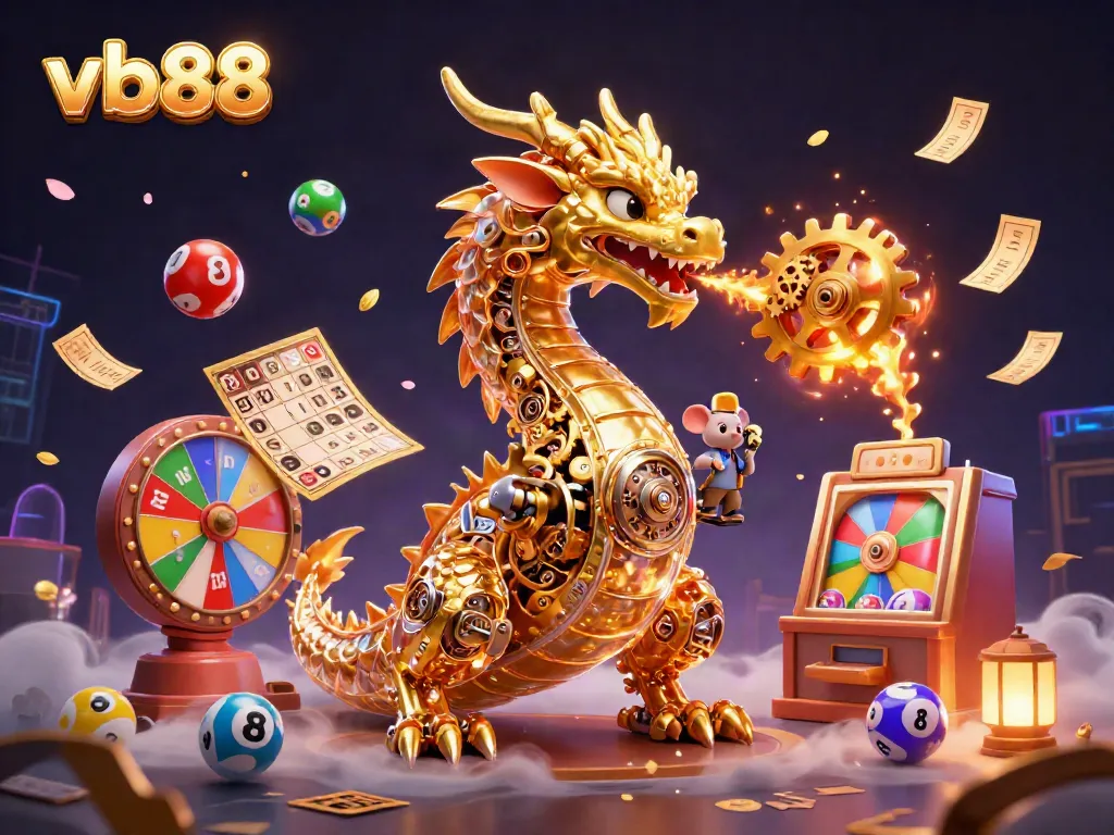 Play and win with vb88 in a vibrant casino scene featuring a golden dragon and colorful lottery balls.
