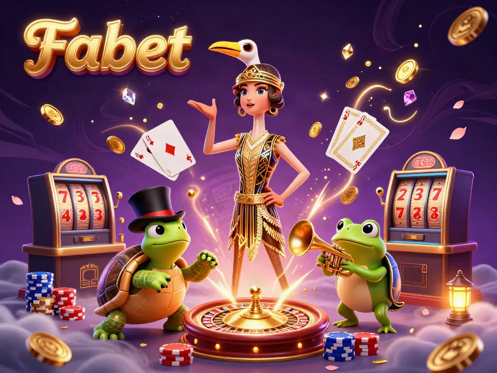 Experience Fabet's thrilling casino atmosphere with golden coins, rich games, and vibrant characters.