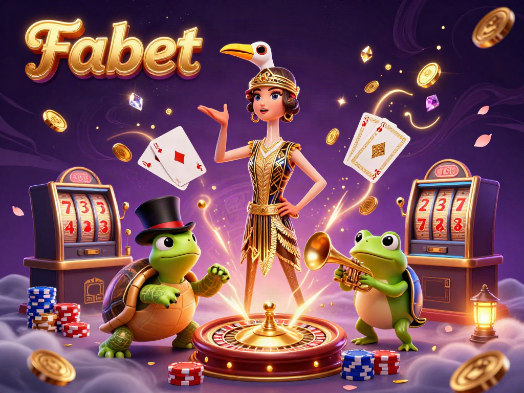 Experience Fabet's thrilling casino atmosphere with golden coins, rich games, and vibrant characters.