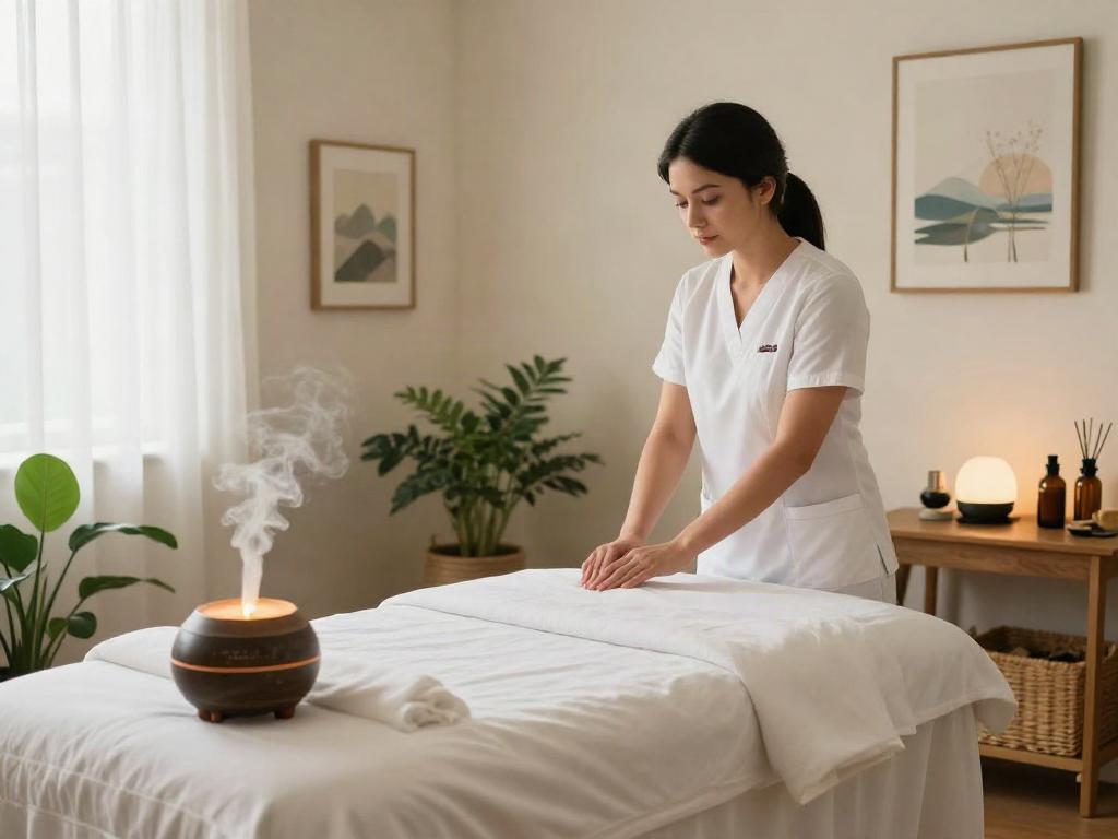 마포출장안마 service setup in a serene massage therapy room with calming decor and essential oils.