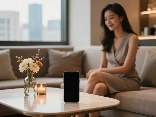 Exclusive and sophisticated urban lounge with a professional woman engaging with an escort service app.