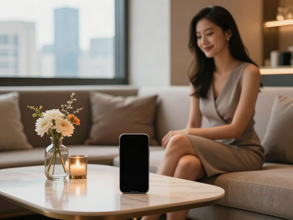 Exclusive and sophisticated urban lounge with a professional woman engaging with an escort service app.